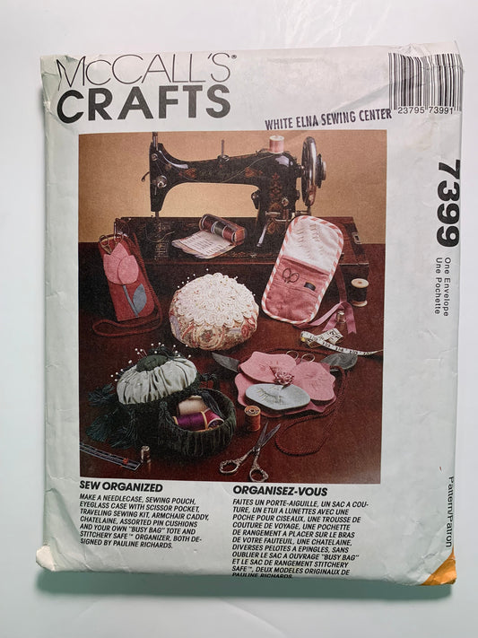 McCall's 7399 Crafts, Sew Organized, Eyeglass Case, Scissor Pocket, Armchair Caddy, Uncut, Vintage 1994