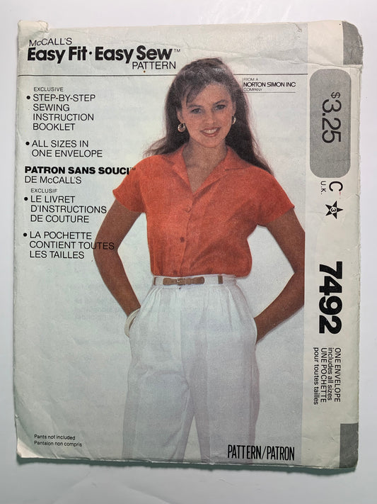 McCall's 7492 Misses' Shirt, Size 6-16. Cut, Vintage 1981
