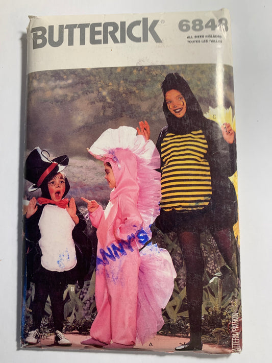 Butterick Sewing Pattern 6848 Children's/Girls'/Boys' Unicorn, Spider, Bumble Bee Costumes, Loose-Fitting, Long Sleeves, Hat, Size 4-14, Uncut, Vintage 1988