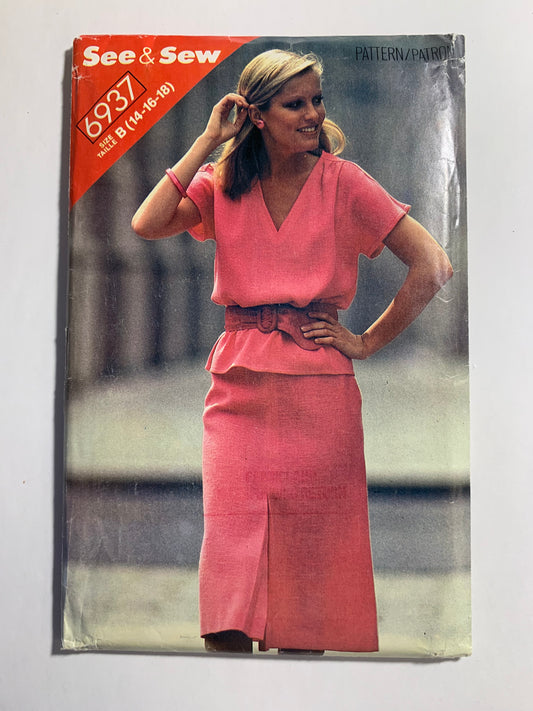 Butterick See & Sew Sewing Pattern 6937 Misses' Top, Skirt, Loose-Fitting, Short Sleeves, Zipper Back, Pullover, V-Neckline, Pockets, Size 12-16, Uncut, Vintage 1988