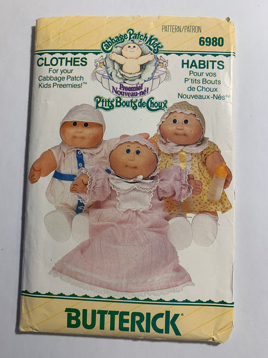 Butterick Sewing Pattern 6980 Cabbage Patch Preemie Doll Clothes, Hats, Gown, Dress, Panties, Romper,16" Doll, Uncut, Vintage 1986