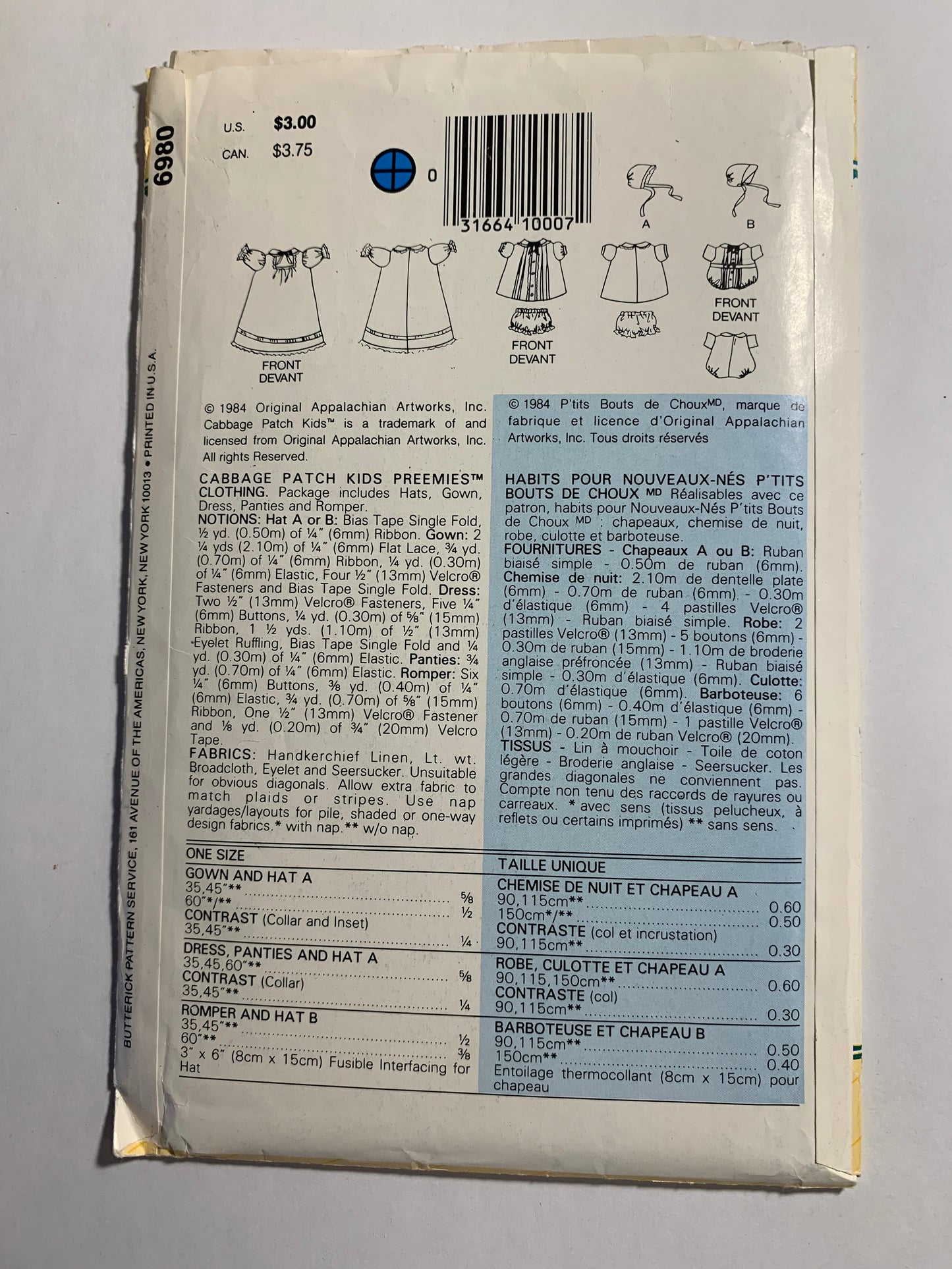 Butterick Sewing Pattern 6980 Cabbage Patch Preemie Doll Clothes, Hats, Gown, Dress, Panties, Romper,16" Doll, Uncut, Vintage 1986