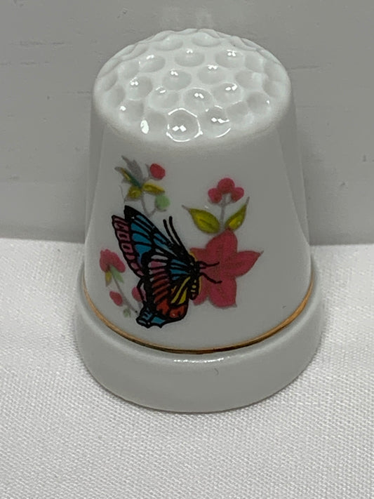 Thimble Souvenir, Gift, Blue Butterfly, Pink Flowers, Porcelain, Sewing