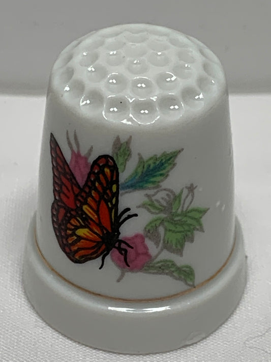 Thimble Souvenir, Gift, Orange, Yellow Butterfly, Porcelain, Sewing, Gold Trim