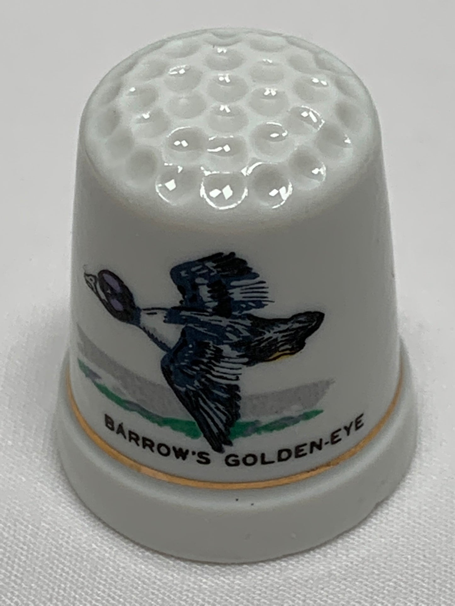 Thimble Souvenir, Gift, Barrow's Goldeneye, Bird Duck, Porcelain, Sewing, Gold Trim