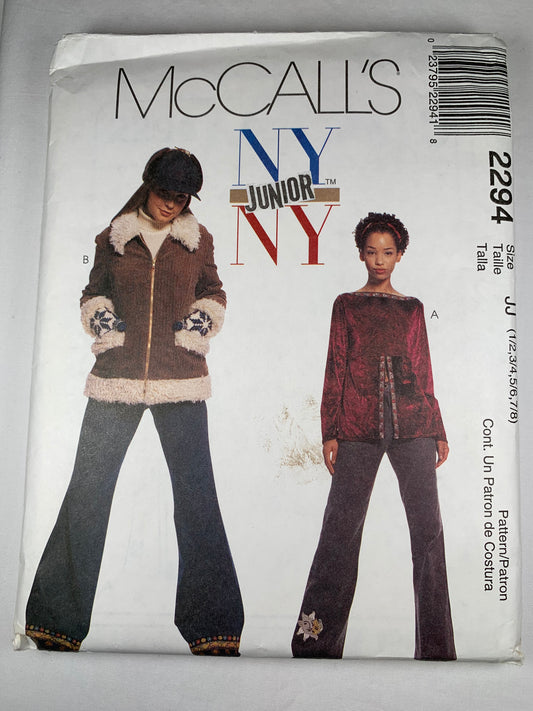 McCall's 2294 Junior's Lined Jacket, Top, Pants, Size 1-8, Uncut, Vintage 1999