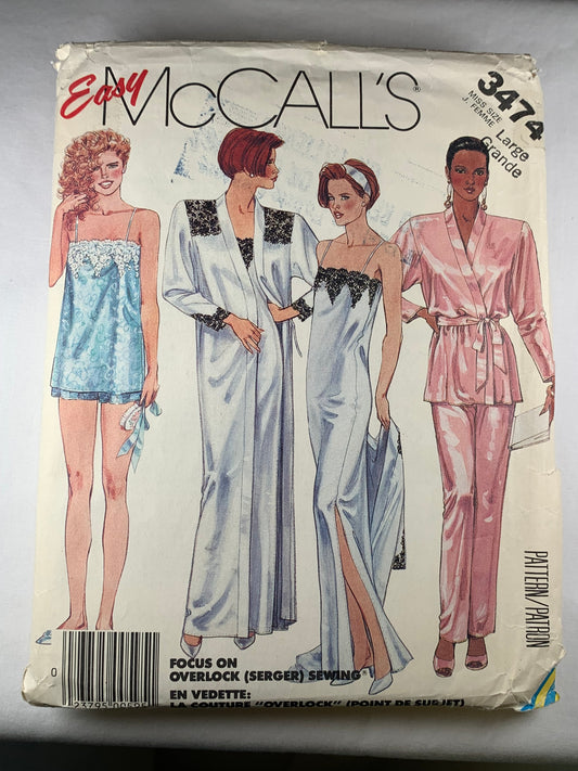 McCalls' Misses' Robe, Tie Belt, Nightgown, Pants, Shorts, Size 18-20, Cut, Vintage 1987