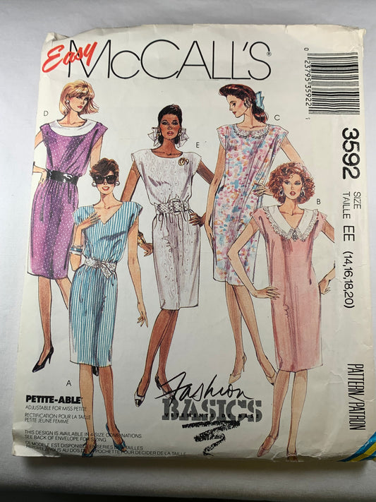 McCall's 3592 Misses' Dress. Size 14-16, Cut, Vintage 1988