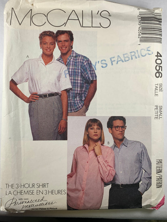 McCall's 4056 Misses' Men's Teens' Shirt, Size 32-34, Cut, Vintage 1988