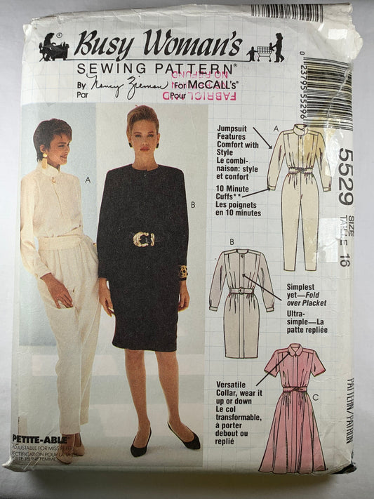 McCall's 5529 Misses' Jumpsuit, Dresses, Belt, Size 16, Cut, Vintage 1991