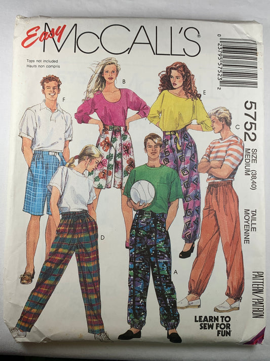 McCall's 5752 MIsses' Men's, Teen Boys' Novelty Pants, Shorts, Size 38-40, Uncut, Vintage 1992