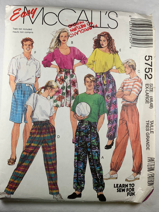 Copy of McCall's 5752 MIsses' Men's, Teen Boys' Novelty Pants, Shorts, Size 46-48, Uncut, Vintage 1992