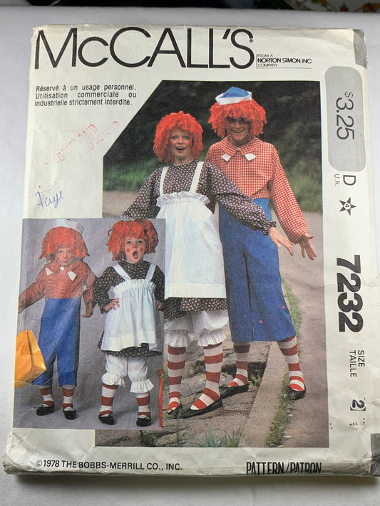McCall's 7232 Boy's Raggedy Andy Costume, Size 2-4, Cut, Vintage 1980