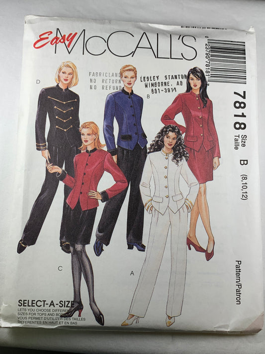 McCall's 7818 Misses' Unlined Jacket, Skirt, Pants, Size 8-12, Uncut, Vintage 1995