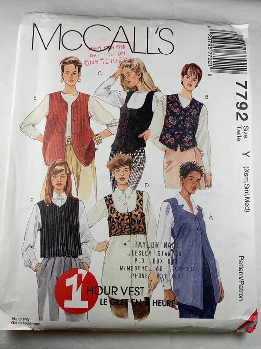 McCall's 7792 Misses' Lined Vest, Size 4-14, Uncut, Vintage 1995
