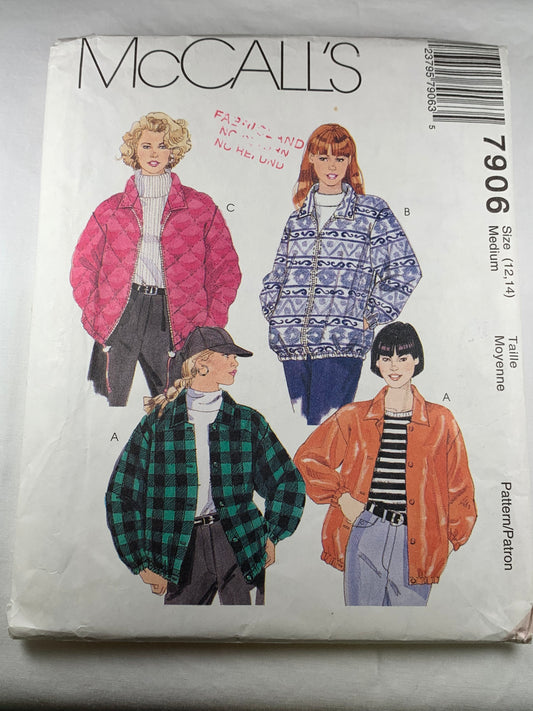 McCall's 7906 Misses' Lined, Unlined, Jacket, Size 12-14, Uncut, Vintage 1996