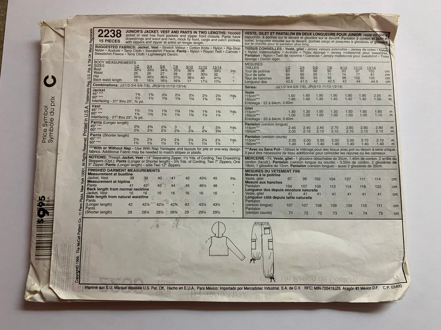 McCall's Sewing Pattern 2238 Misses'/Junior Jacket, Vest, Pants, Two Lengths, Pockets, Zipper Front, Size 9-144, Uncut, Vintage 1999