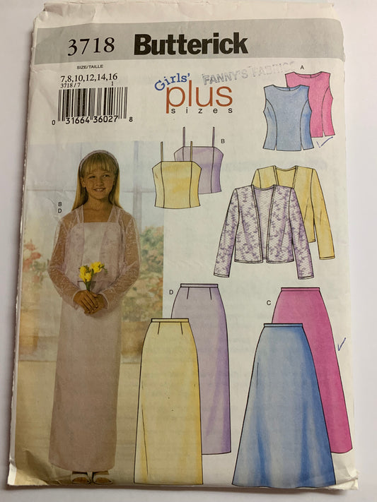 Butterick Sewing Pattern 3718 Girls' Plus Formal Wear, Camisole, Top, Skirt, Jacket, Size 7-16, Uncut, 2002