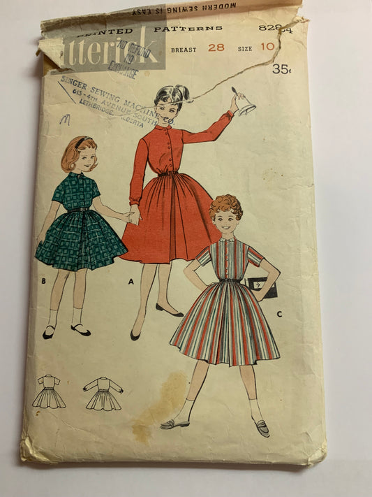 Butterick Sewing Pattern 8284 Girls' Dress, Full Skirt, Button Front, Peter Pan Collar, Long/Short Sleeves, Knee Length Size 10, Uncut, Vintage 1950