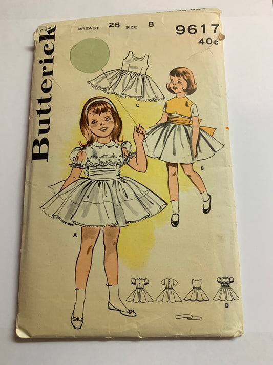 Butterick Sewing Pattern 9617 Girls' Dress, Sash, Slip, Full Skirt, Button Back , Peter Pan Collar, Short Sleeves, Above Knee Length, Size 8, Cut, Vintage 1950
