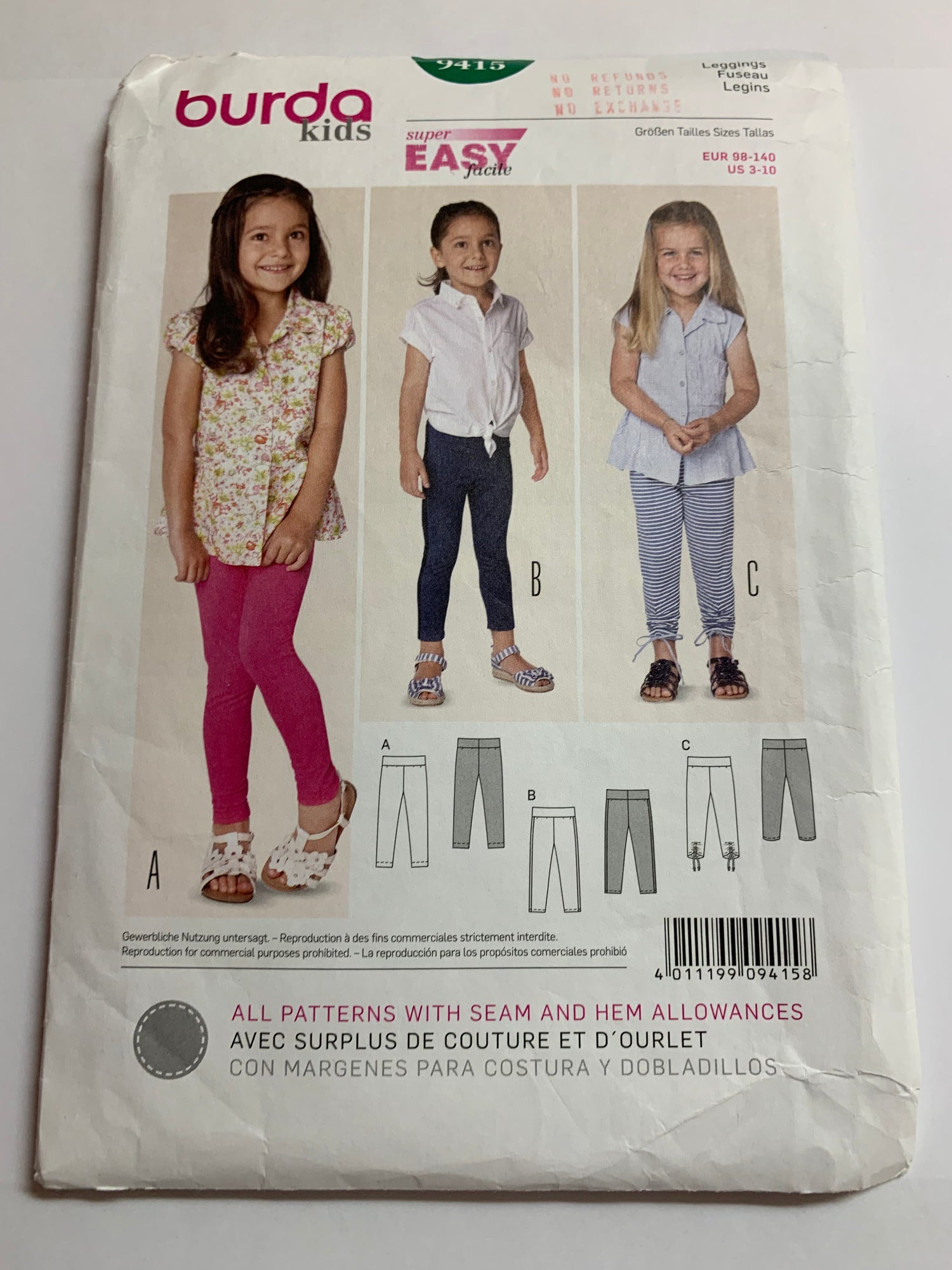 Burda Sewing Pattern 9415 Girls' Leggings, 3 Variations, Close Fitting, Elastic Waist, Size 3-10, Uncut, 2002