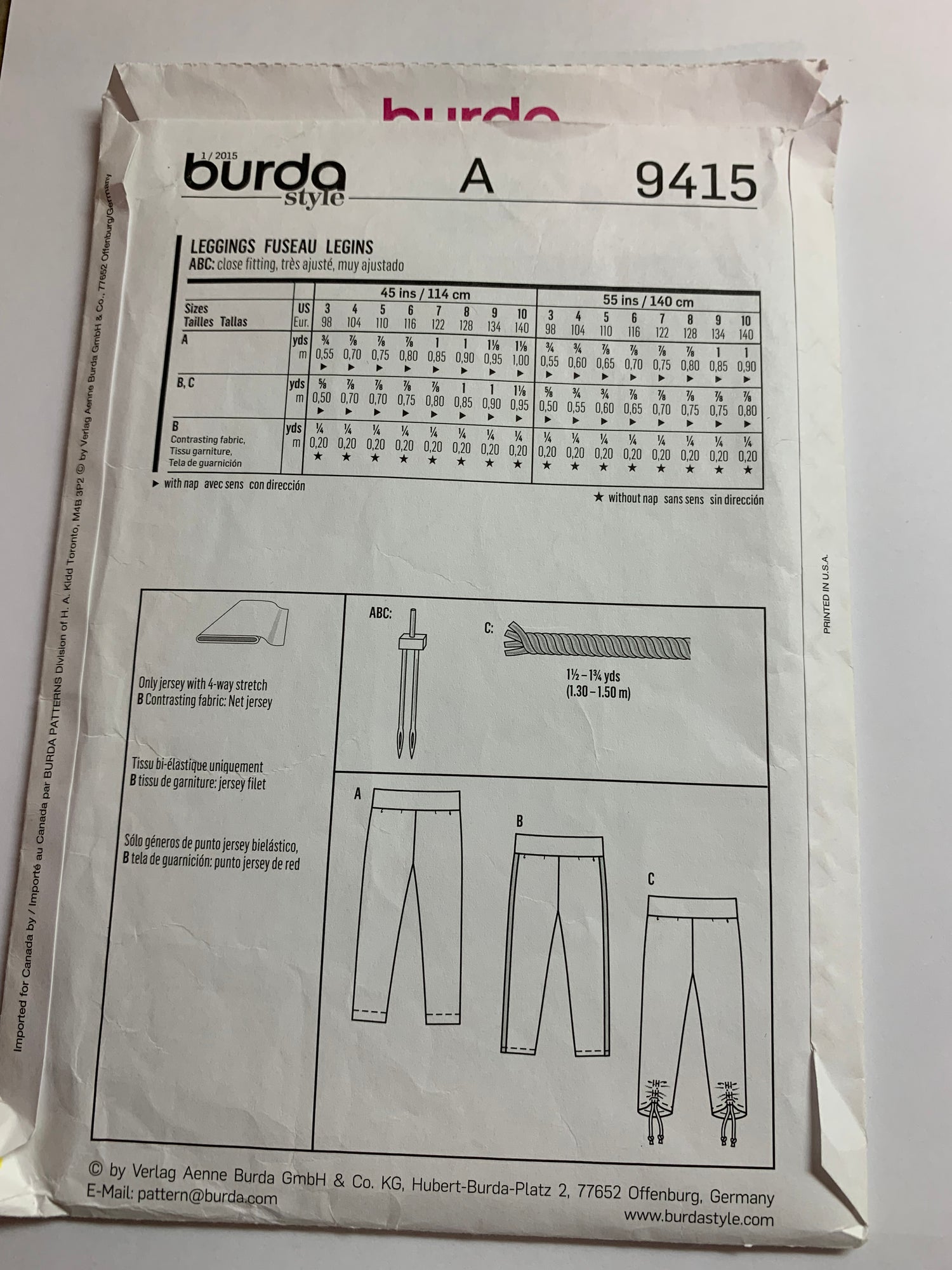 Burda Sewing Pattern 9415 Girls' Leggings, 3 Variations, Close Fitting, Elastic Waist, Size 3-10, Uncut, 2002