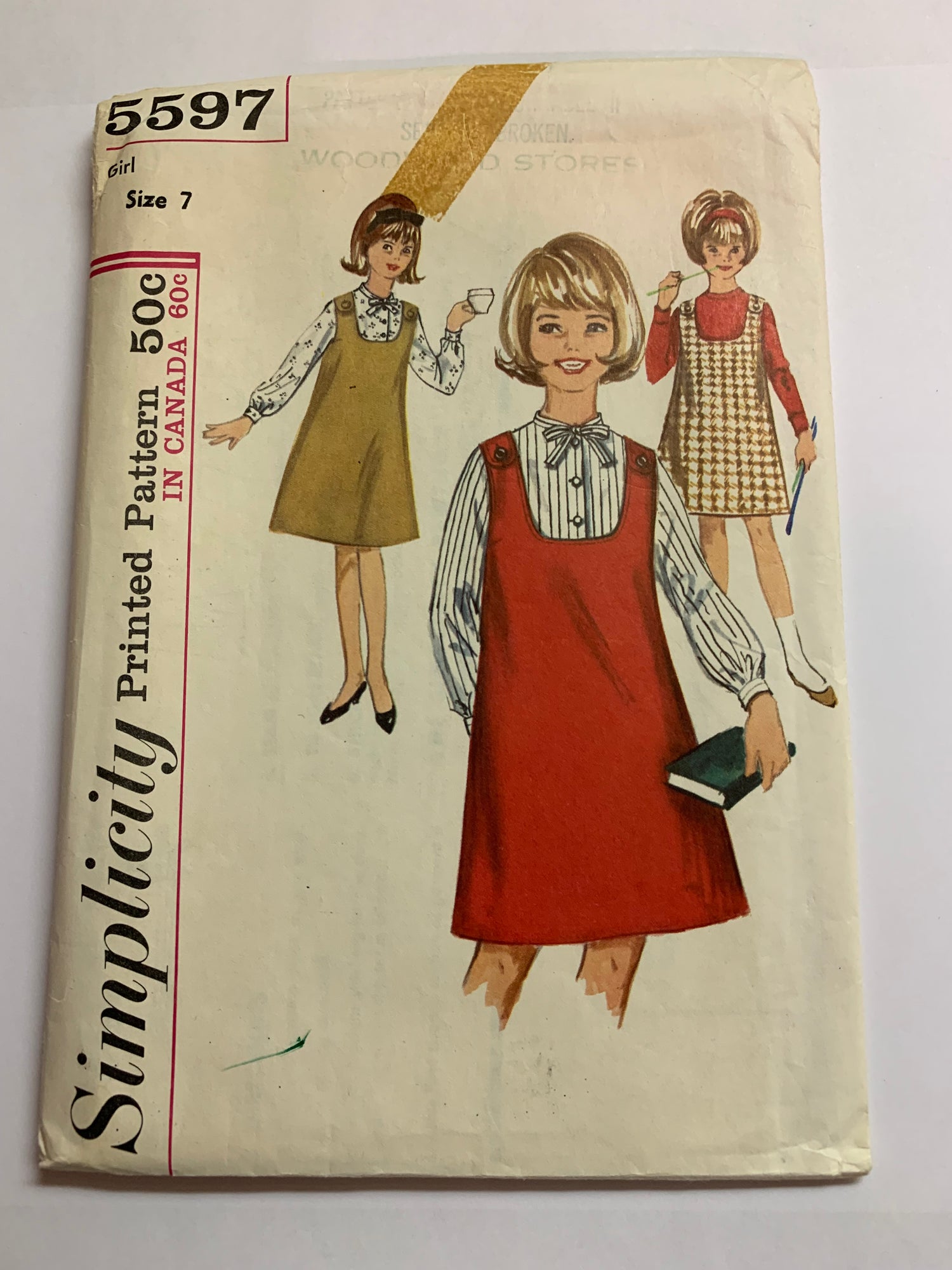 Simplicity Sewing Pattern 5597 Girls' Jumper, Blouse, Collare, Button Front, Long Sleeves, Size 7 Cut, Vintage 1964