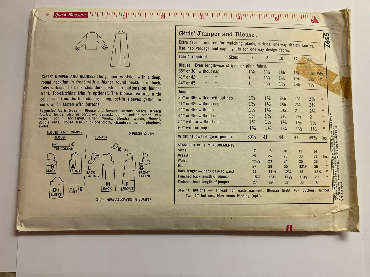 Simplicity Sewing Pattern 5597 Girls' Jumper, Blouse, Collare, Button Front, Long Sleeves, Size 7 Cut, Vintage 1964