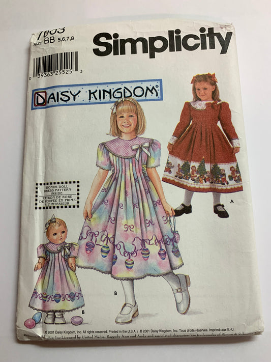 Simplicity Daisy Kingdom Sewing Pattern 7003 Girls' Dress, Sash, Size 5-8, Size 18" Doll Dress, Zipper, Sash, Long/Short Puffy Sleeves, Uncut, Vintage 1988