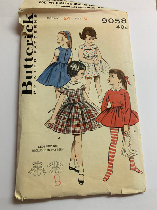 Butterick Sewing Pattern 9058 Girls' Jumper,, Long/Short Sleeves, Blouse, Collar, Bow, Tie Back, Skating Costume, Size 6, Cut, Vintage 1950