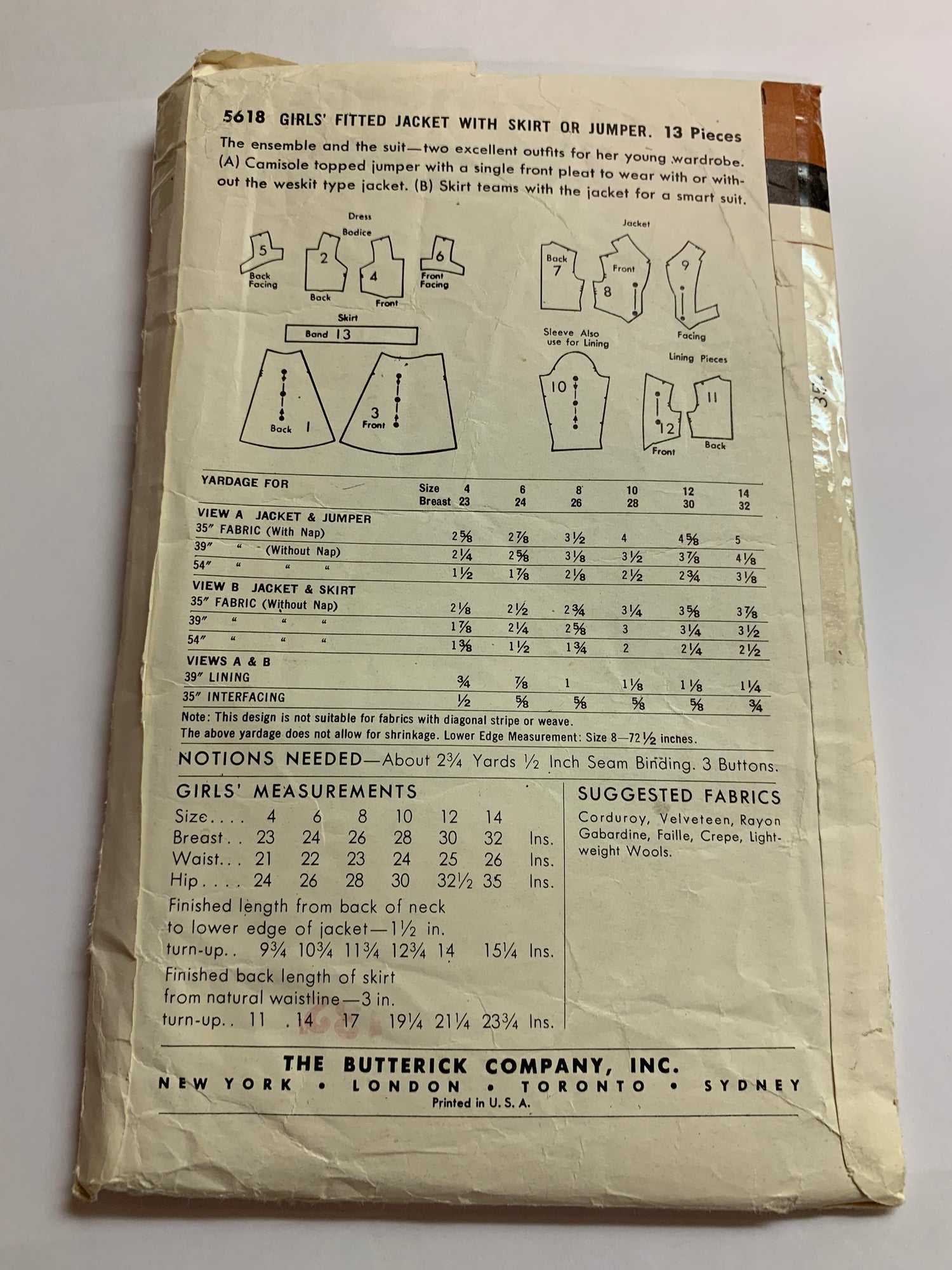 Butterick Sewing Pattern 5618 Girls' Fitted Jacket, Jumper, Skirt, Long Sleeves, Camisole, Pleats, Suit, Size 10, Cut, Vintage 1960