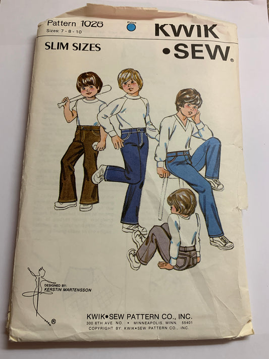 KWIK Sewing Pattern 1028 Boys' Jeans, Fly Zipper, Belt Loops, Flared/Straight Legs, Pockets, Uncut, Size 7-10, Vintage 1980