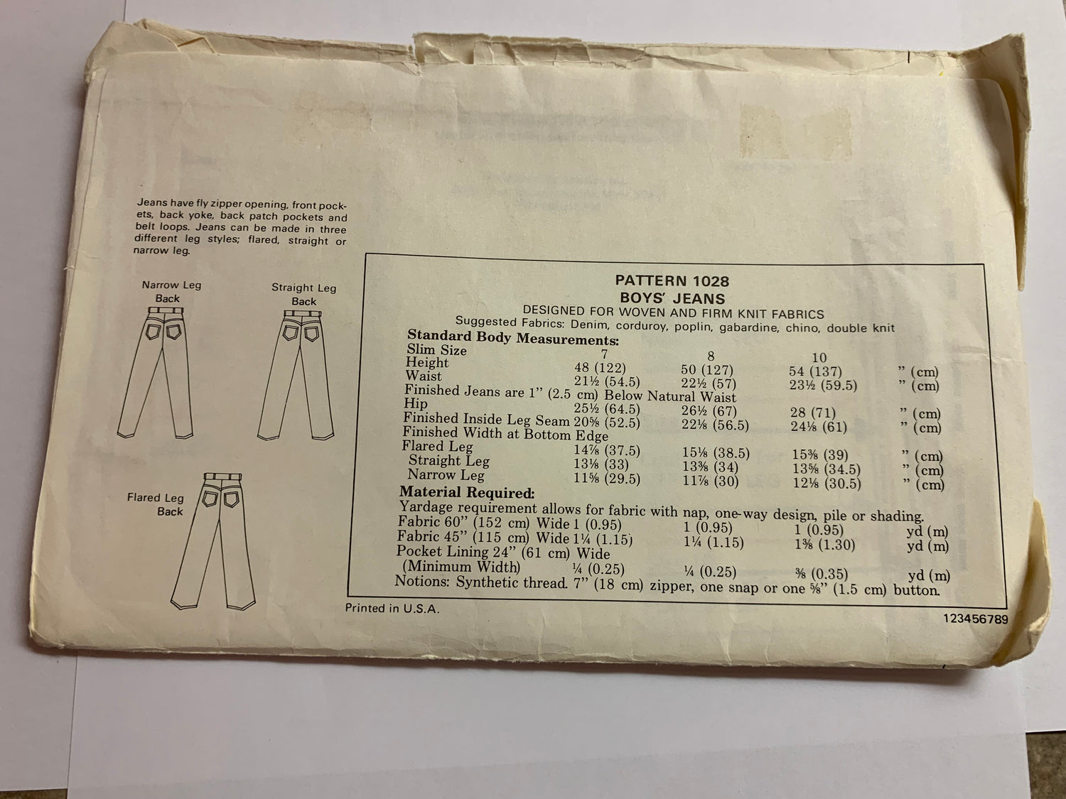 KWIK Sewing Pattern 1028 Boys' Jeans, Fly Zipper, Belt Loops, Flared/Straight Legs, Pockets, Uncut, Size 7-10, Vintage 1980
