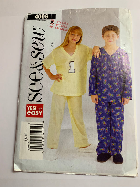 Butterick See & Sew Sewing Pattern 4006 Girls'/Boys' Pajamas, Top, Pants, Pull-On, Pullover, Long/Short Sleeves, Size 7-10, Cut, 2003