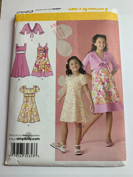 Simplicity Sewing Pattern 2683 Girls' Dress, Jacket, Sleeveless, Zipper Back, Short Sleeves, Tie Back, Size 7-8, Cut, 2009