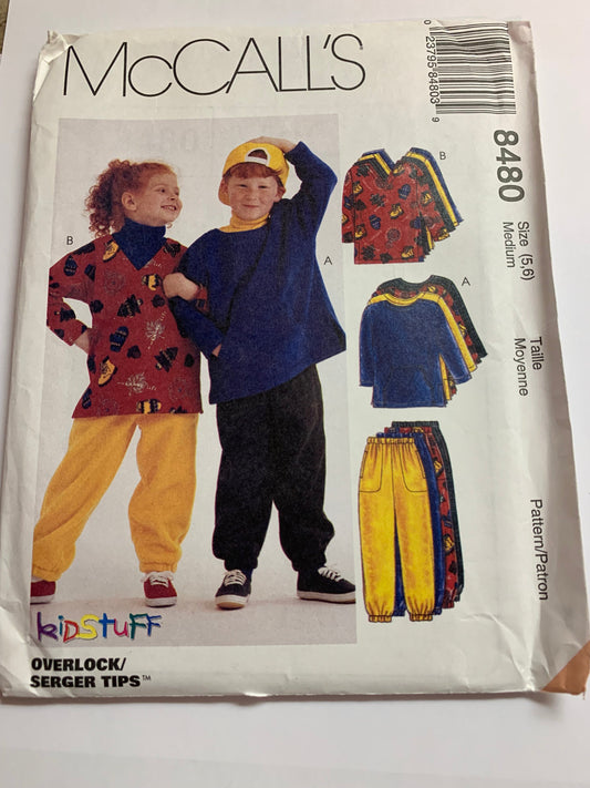 McCall's Sewing Pattern 8480 Boys'/Girls' Top, Pants, Pull-On, Pullover, Elastic Waist, Pockets, Size 5-6, Uncut, Vintage 1996