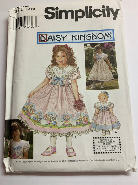 Simplicity Sewing Pattern 9092 Girls' Dress, Doll Dress 18", Zipper Back, Tie, Short Sleeves, Flared Skirt, Size 5-8, Uncut, Vintage 1999