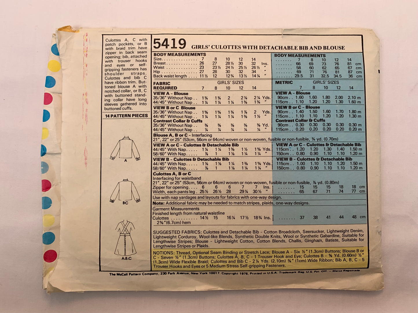 McCall's 5419 Girls' Culottes, Detachable Bib, Blouse, Size 10, Cut, Vintage 1976