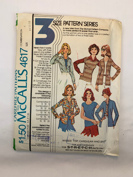 McCall's 4617 Misses' Top, Cardigan, Shirt, Size 14-18, Cut, Vintage 1975