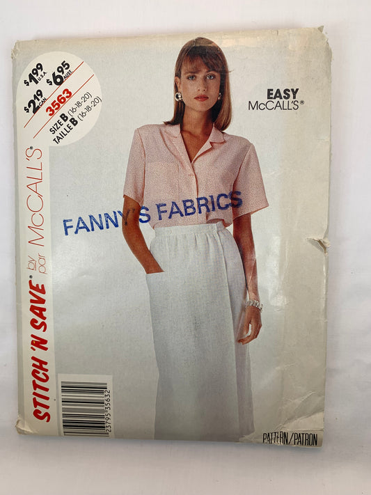 McCall's 3563 Misses' Shirt, Skirt, Size 16-20, Uncut, Vintage 1988