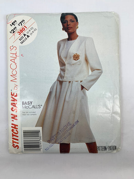 McCall's 3801 Misses' Jacket, Skirt, 6-10, Uncut, Vintage 1988