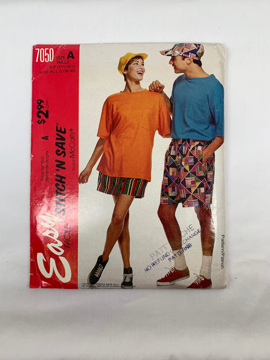 McCall's 7050 Misses', Men's, Teens, Shorts, T-Shirt, Hat, Size 31-40, Uncut, Vintage 1994
