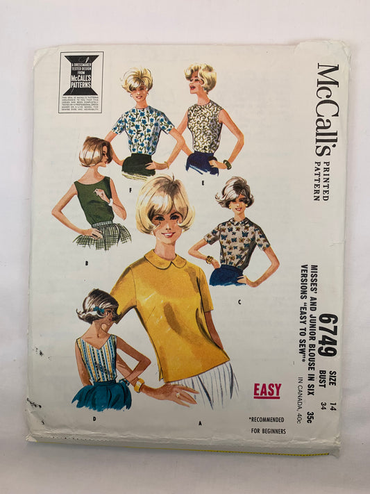 McCall's Sewing Pattern 6749 Misses' Junior Blouse, Six Variations, Sleeveless, Short Sleeves, Zipper Back, Size 14, Cut, Vintage 1963