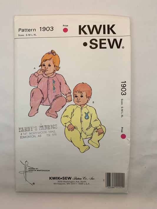 KWIK 1903 Baby Sleepers, Size S-XL, Uncut, Vintage 1989