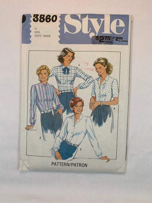 Style 3560 Misses' Blouses, Size 10, Cut, Vintage 1981