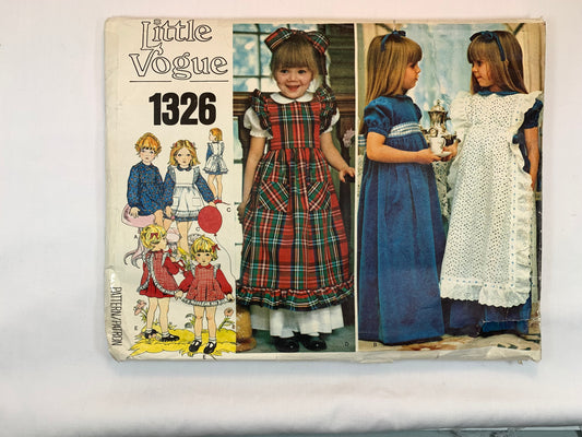 Vogue LIttle Sewing Pattern 1326 Girls' Dress, Pinafores,2 Lengths, Gathered, Zipper Back, Size 6, Cut, Vintage 1970