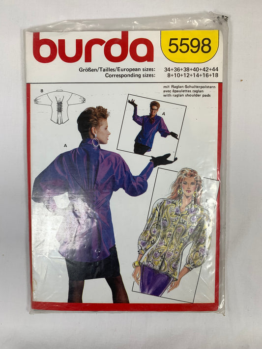 Burda Sewing Pattern 5598 Misses' Tops, Long Raglan Sleeves, Button Front, Shoulder Pads, Size 34-44, Cut, Vintage 1990