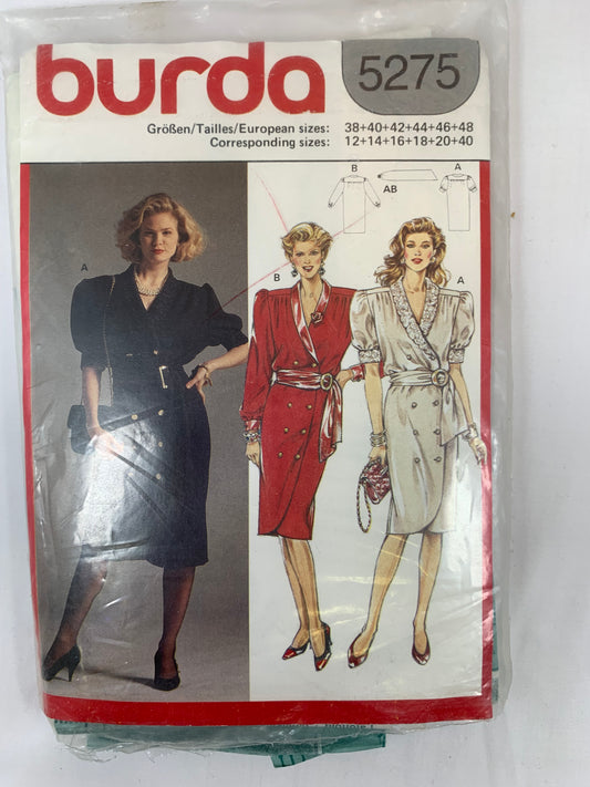 Burda Sewing Pattern 5275 Misses' Dress, 2 Variations, Long/Short Sleeves, Double Breasted, Button Front, Belt, Size 38-44. Cut, Vintage 1990