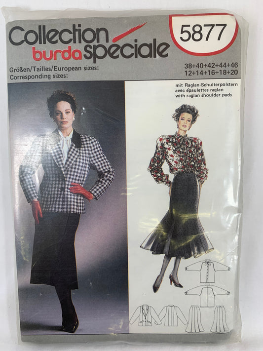 Burda Sewing Pattern 5877 Misses' Skirt, Top, Jacket, Button Front, Flared, Pockets, Long Sleeves, Size 38-46, Uncut, Vintage 1980