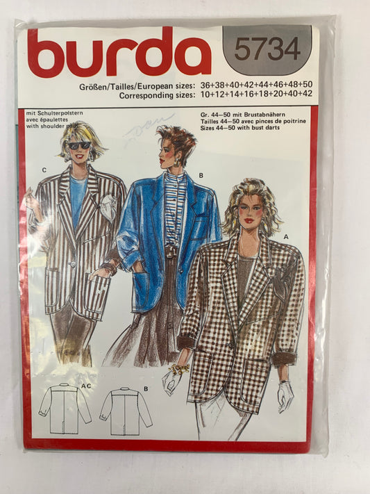 Burda Sewing Pattern 5734 Misses' Jacket,Loose-Fitting, Pockets, Long Sleeves, Collar, Size 36-50, Uncut